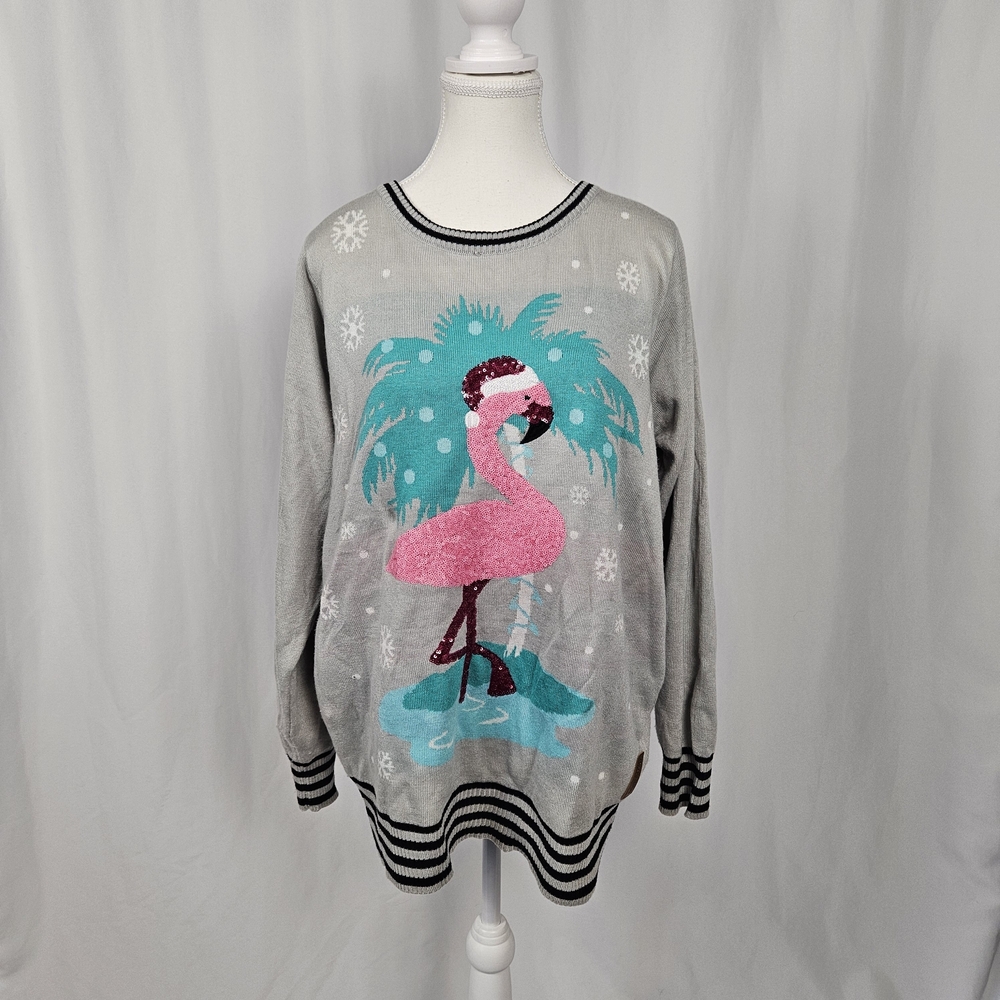Tipsy Elves Gray Flamingo Sweater Size Large