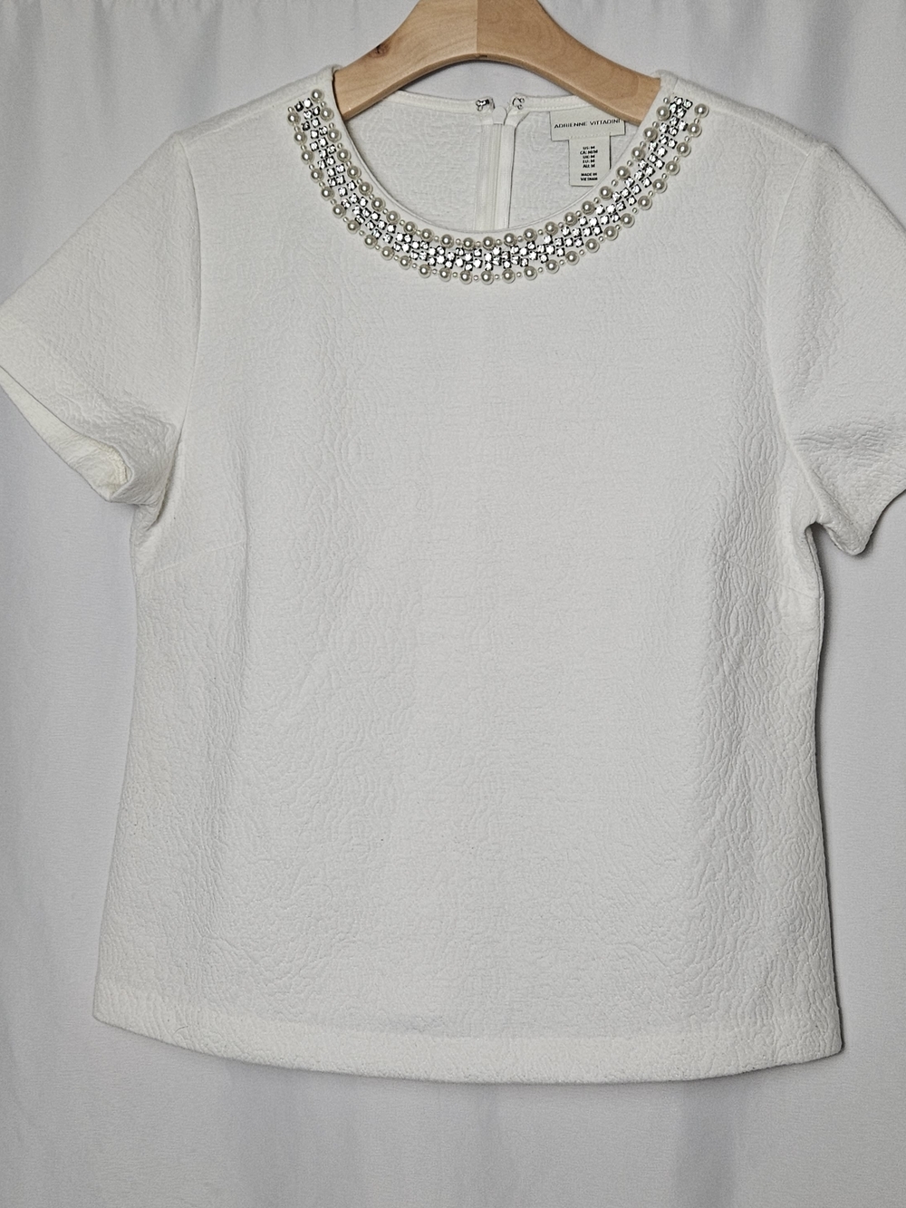 Adrienne Vittadini White Short Sleeve Top with Beaded Neckline photo 2