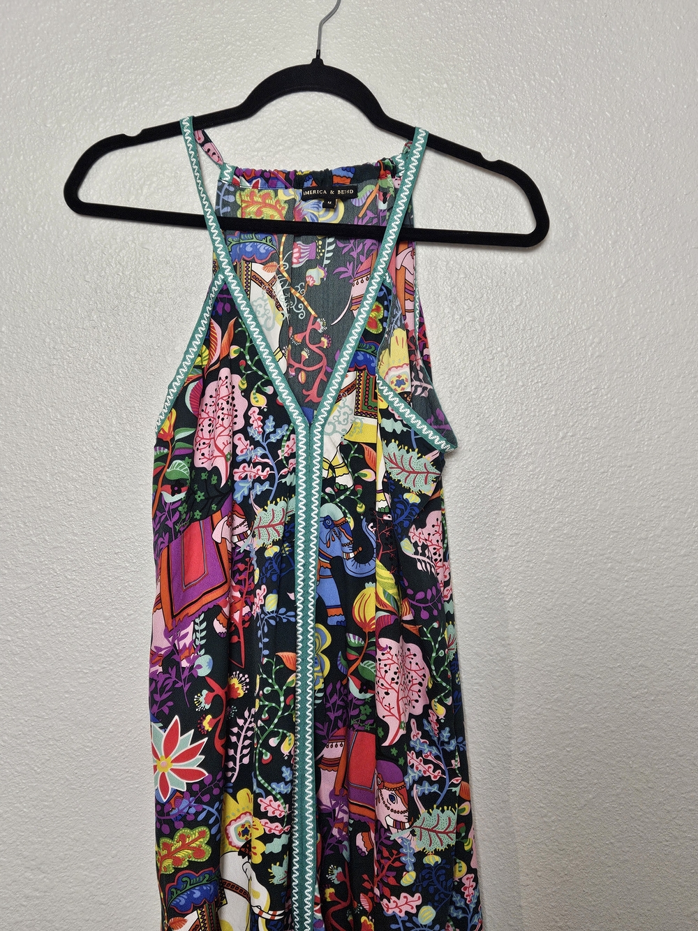 Boho Multicolor Print Maxi Dress with Aqua Trim America & Beyond Size Medium photo 2