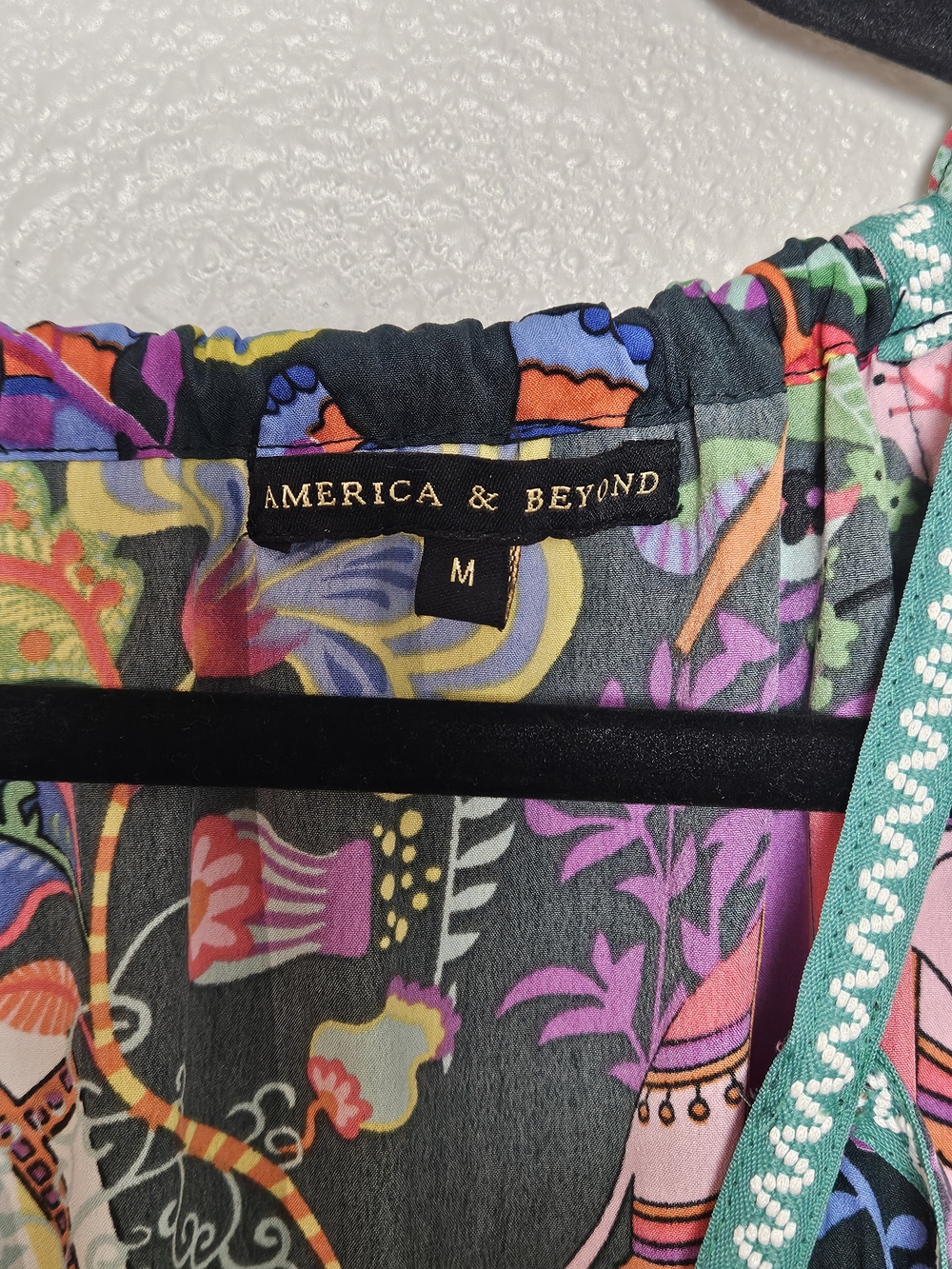 Boho Multicolor Print Maxi Dress with Aqua Trim America & Beyond Size Medium photo 3