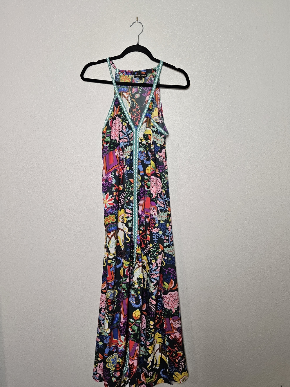 Boho Multicolor Print Maxi Dress with Aqua Trim America & Beyond Size Medium
