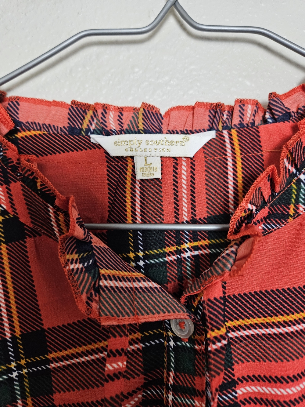 Simply Southern Red and Black Plaid Ruffle Neck Dress Size Large photo 2