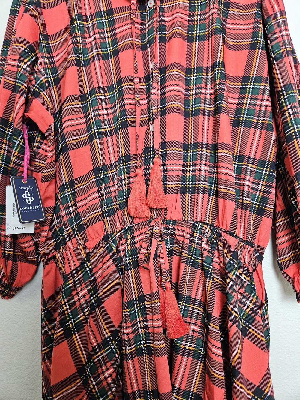 Simply Southern Red and Black Plaid Ruffle Neck Dress Size Large photo 3