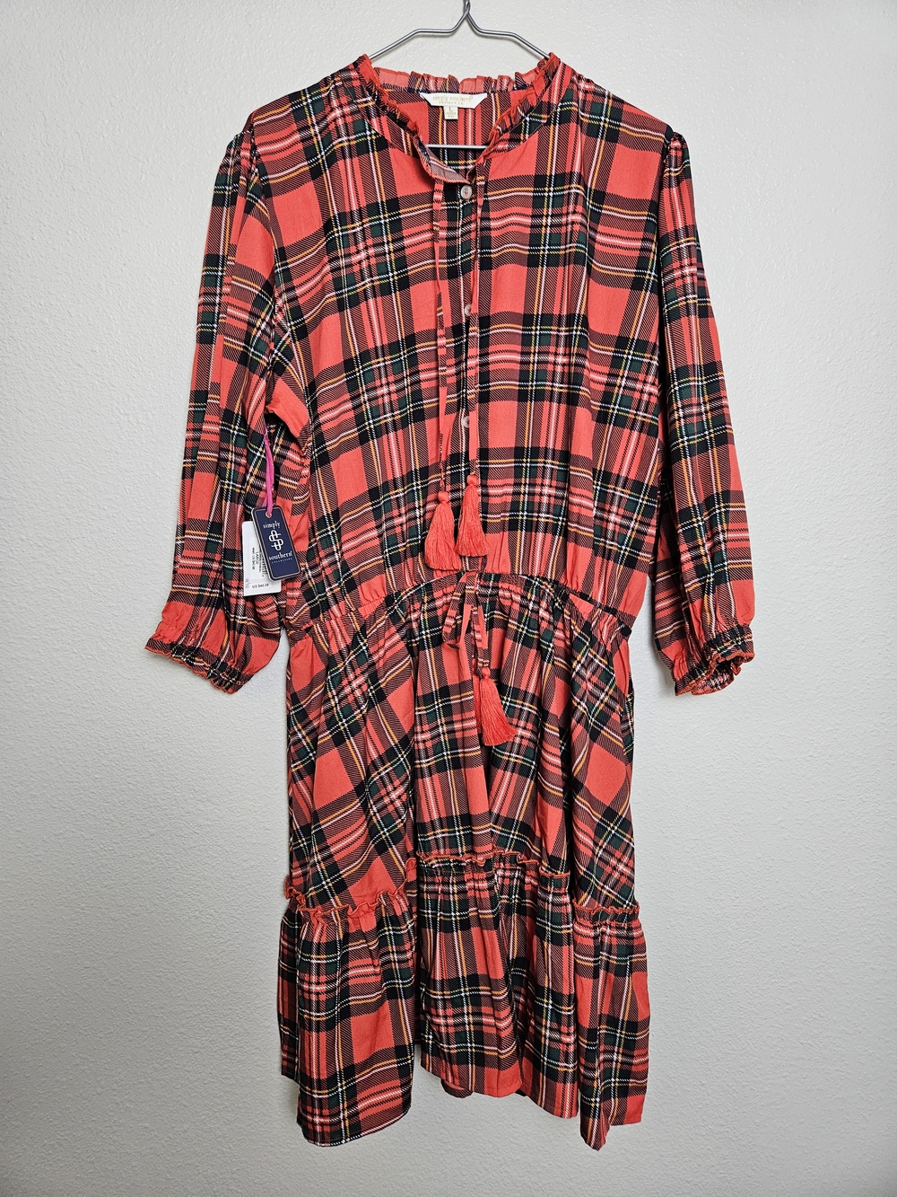 Simply Southern Red and Black Plaid Ruffle Neck Dress Size Large