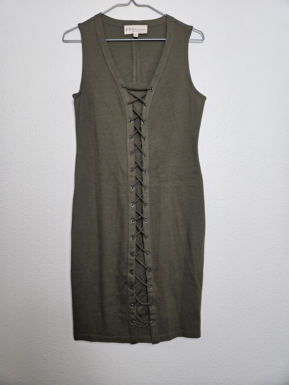 Philosophy Olive Lace-Up V-Neck Midi Dress Size Small