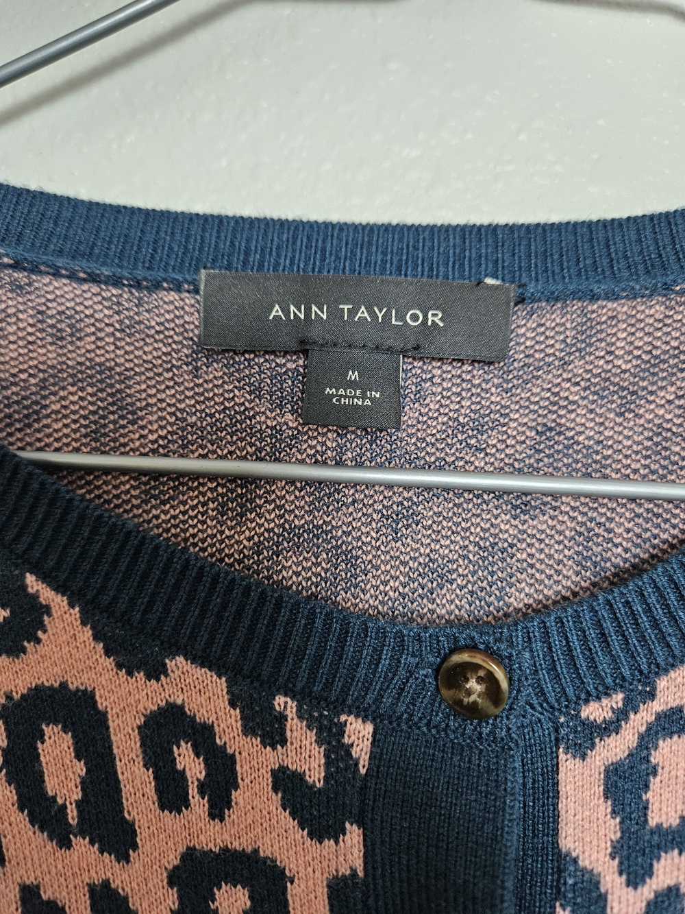 Ann Taylor Pink and Navy Leopard-Print Cardigan Size Medium photo 2