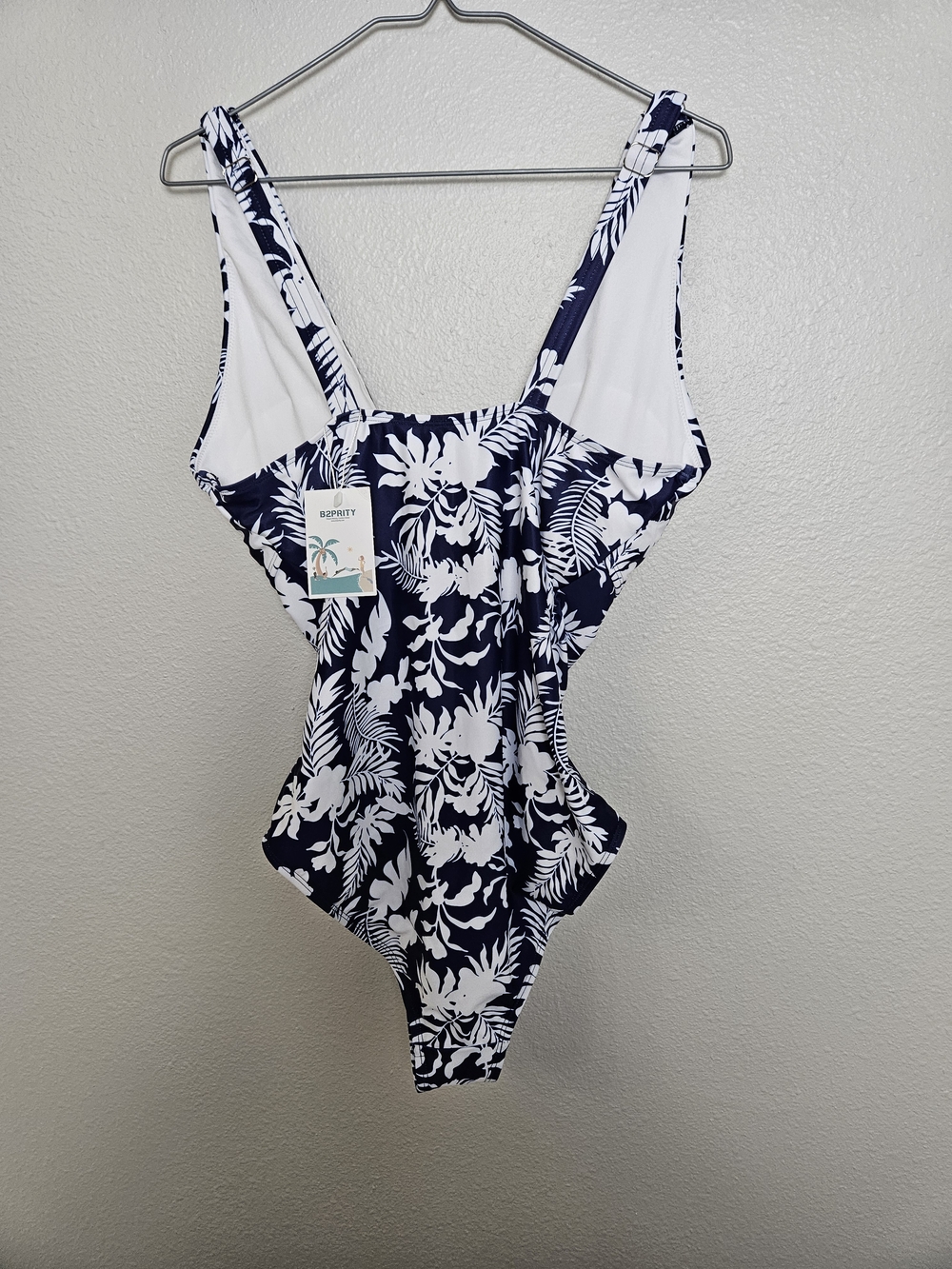 Navy Blue & White Floral One-Piece Swimsuit Size Large photo 3