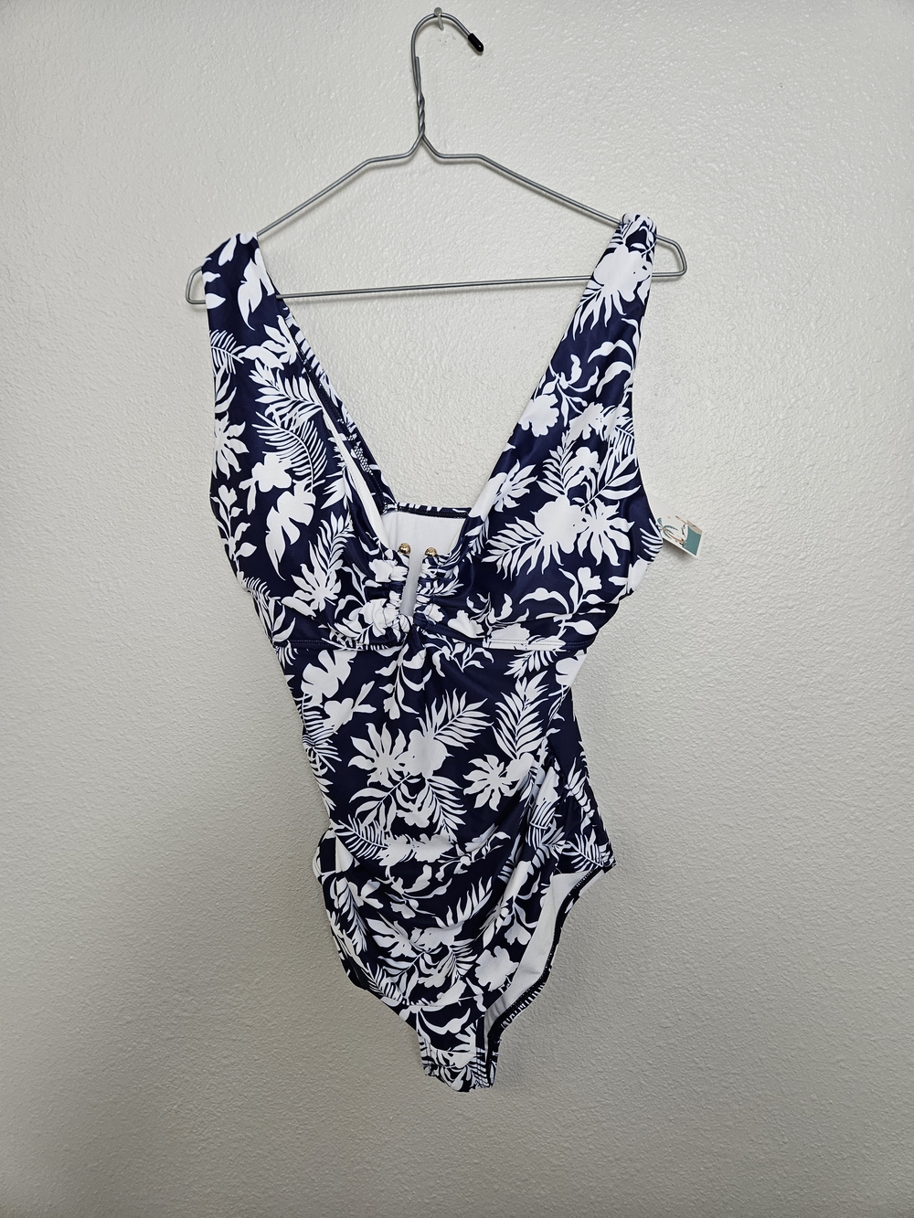 Navy Blue & White Floral One-Piece Swimsuit Size Large