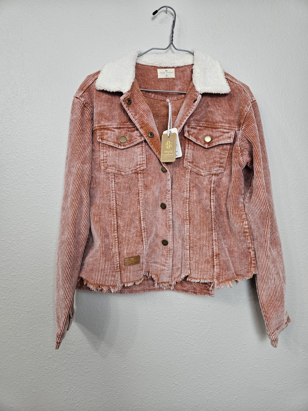 Simply Southern Dusty Rose Corduroy Jacket with White Sherpa Collar Size Medium