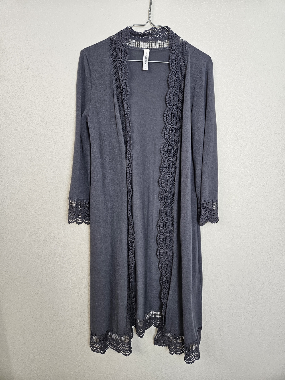 Tickled Teal Lace-Trim Long Open Robe - Charcoal