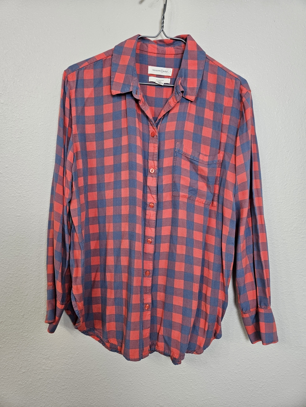 Treasure & Bond Coral Red and Navy Blue Plaid Button-Down Shirt