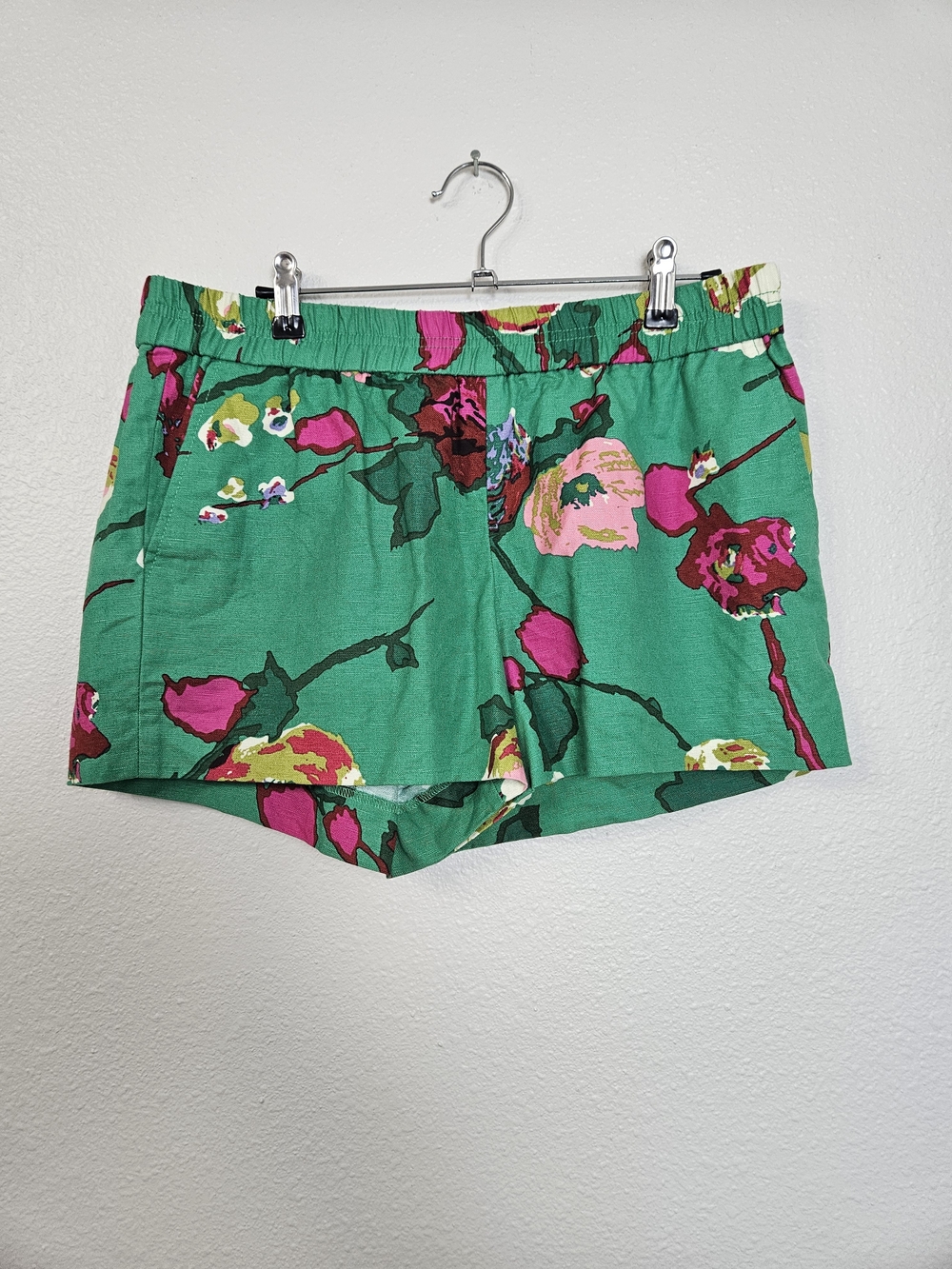 J. Crew Green Floral Cotton-Blend Shorts with Pink Accents