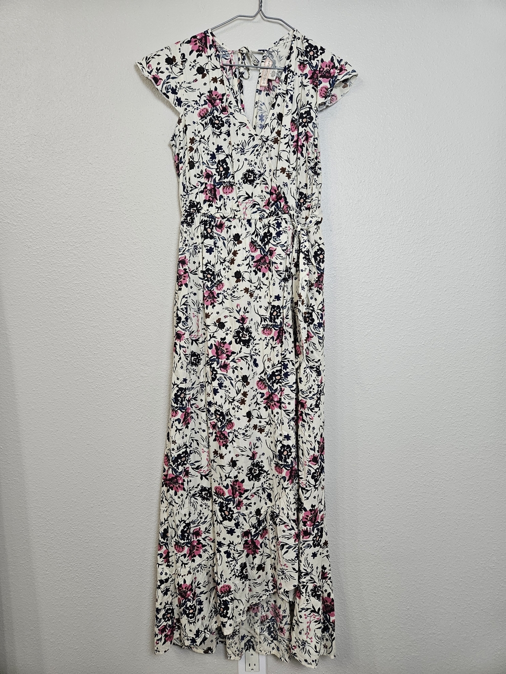 Floral Wrap Maxi Dress - White with Pink & Blue
