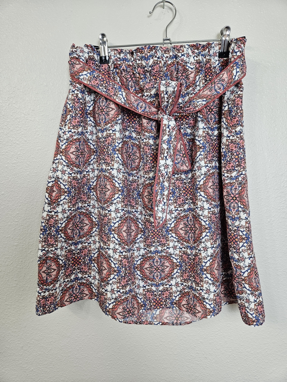 LOFT Pink and Blue Printed Tie-Waist A-Line Skirt
