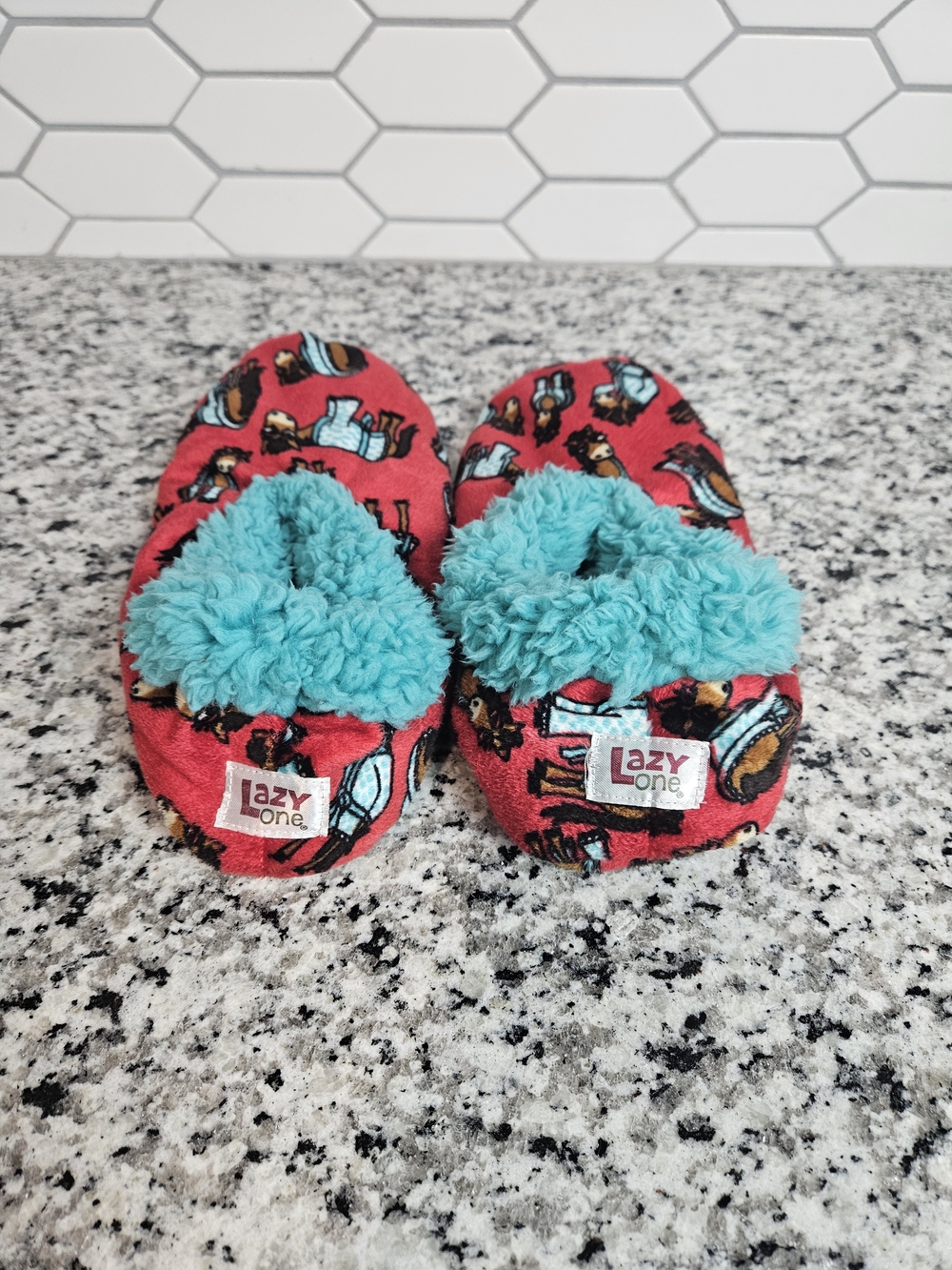Lazy One Red Horse-Print Slippers with Teal Plush Lining photo 2