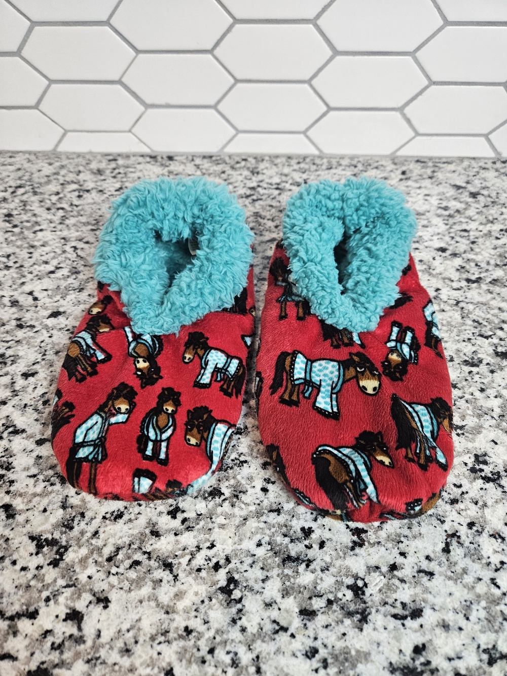 Lazy One Red Horse-Print Slippers with Teal Plush Lining photo 3