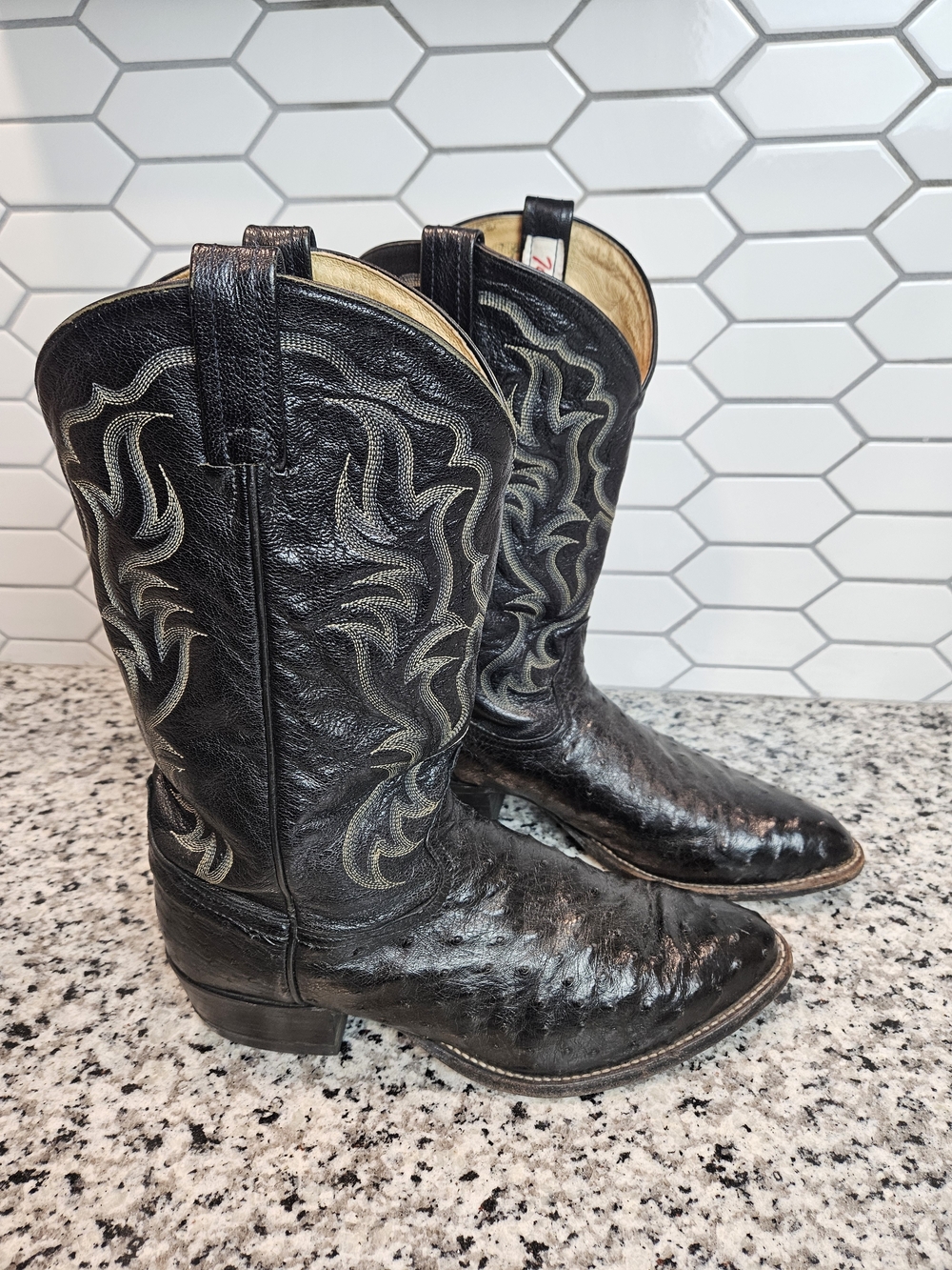 Tony Lama Black Ostrich Cowboy Boots with Embroidered Shaft photo 2