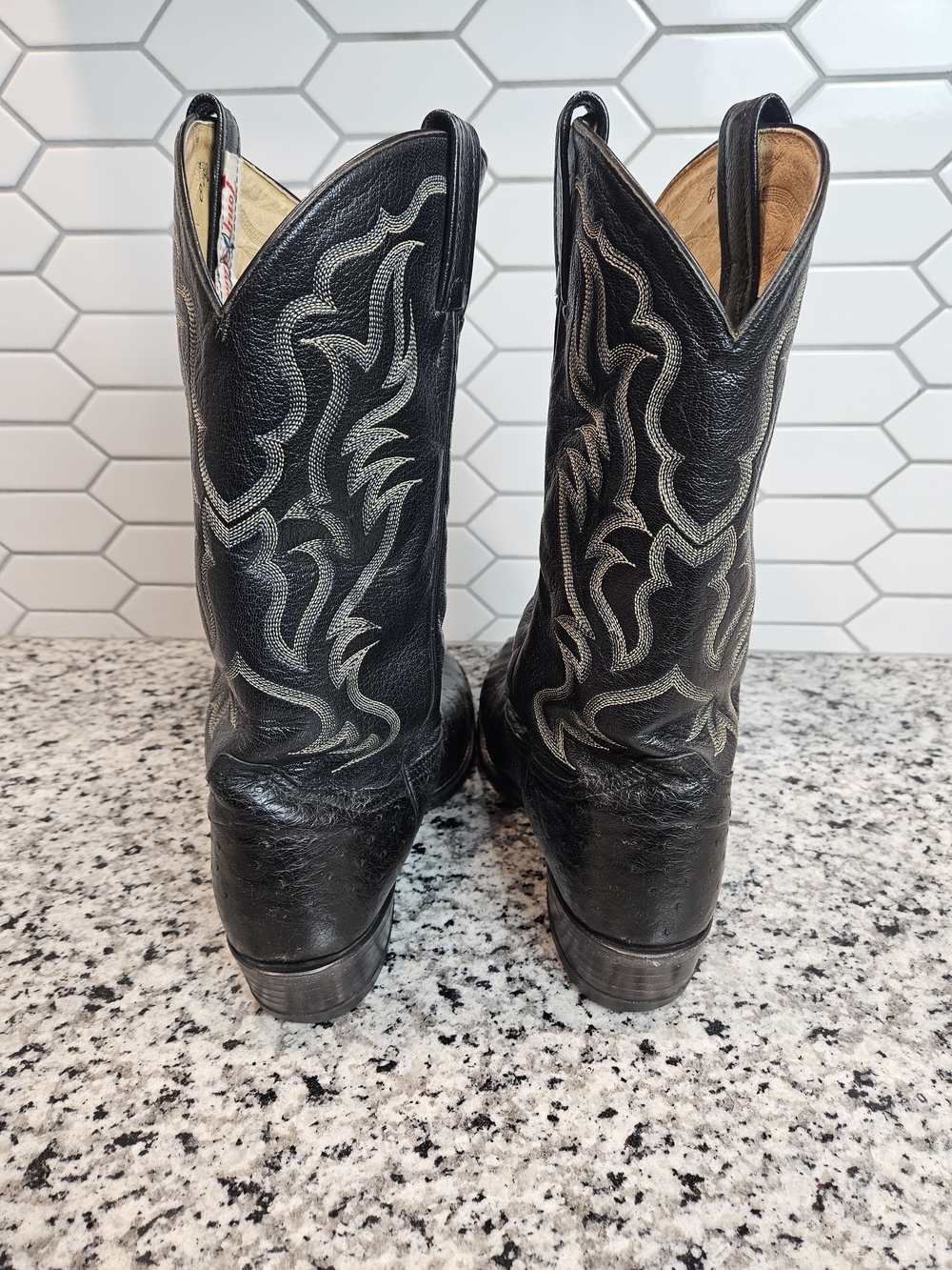 Tony Lama Black Ostrich Cowboy Boots with Embroidered Shaft photo 4