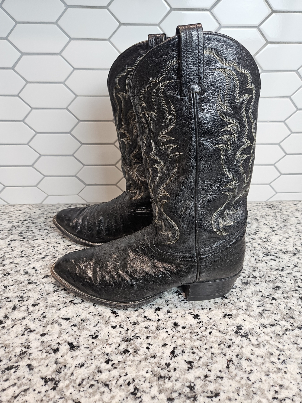 Tony Lama Black Ostrich Cowboy Boots with Embroidered Shaft photo 5