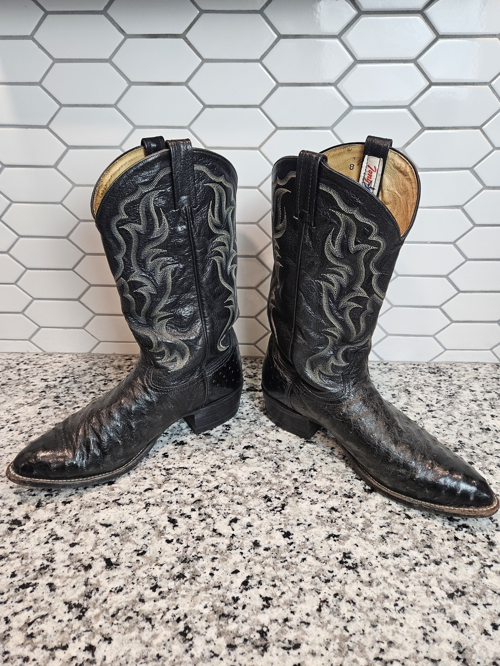 Tony Lama Black Ostrich Cowboy Boots with Embroidered Shaft photo 11