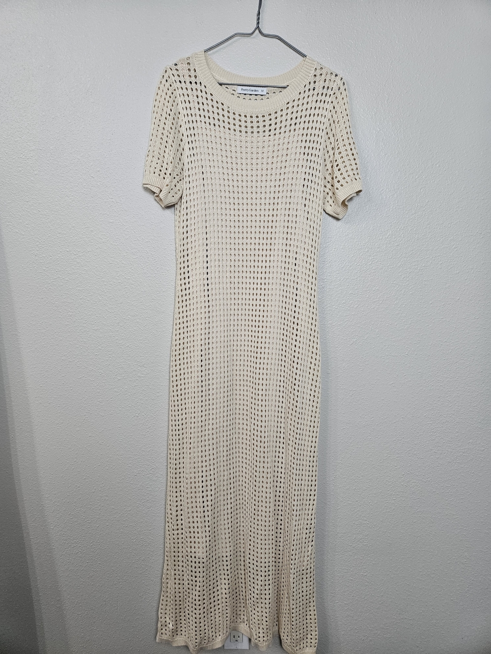 Open-Weave Cream Short-Sleeve Maxi Dress