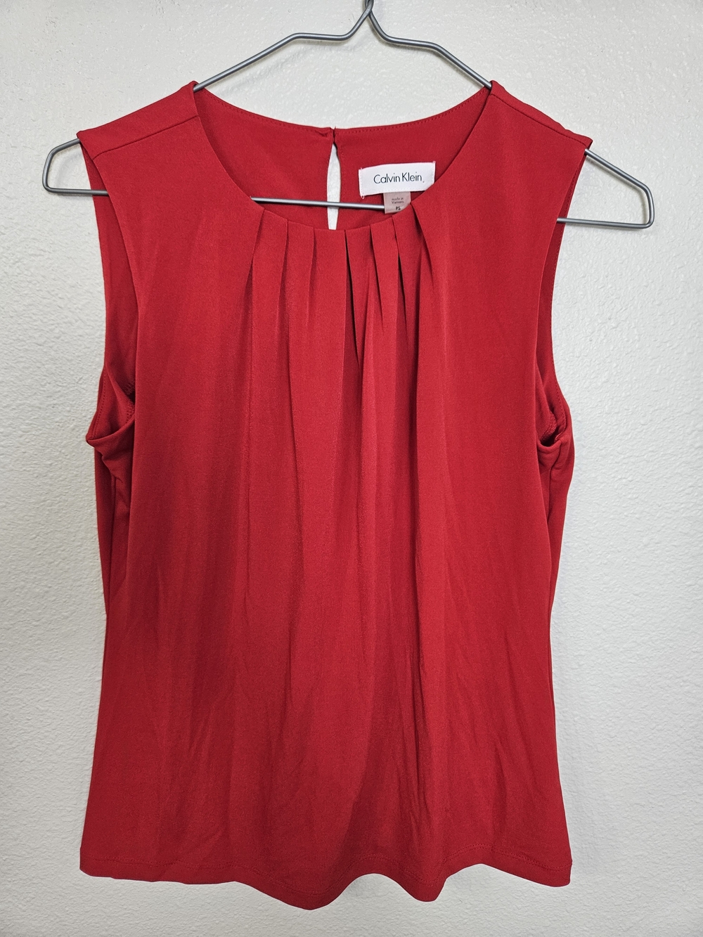 Calvin Klein Red Sleeveless Pleated Neckline Top