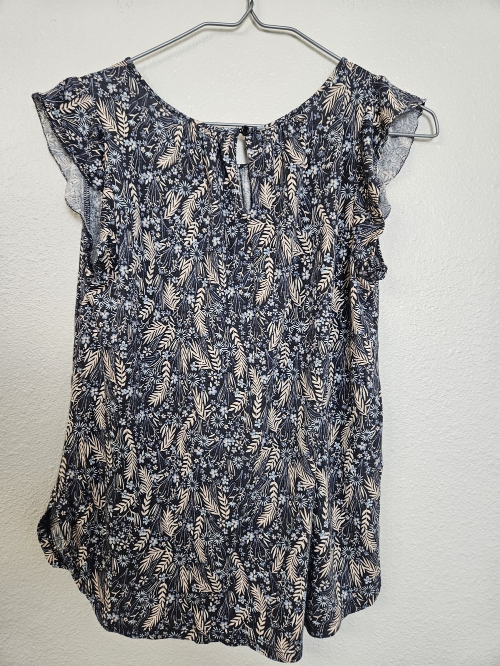 LOFT Navy Blue Floral Cap-Sleeve Blouse photo 2