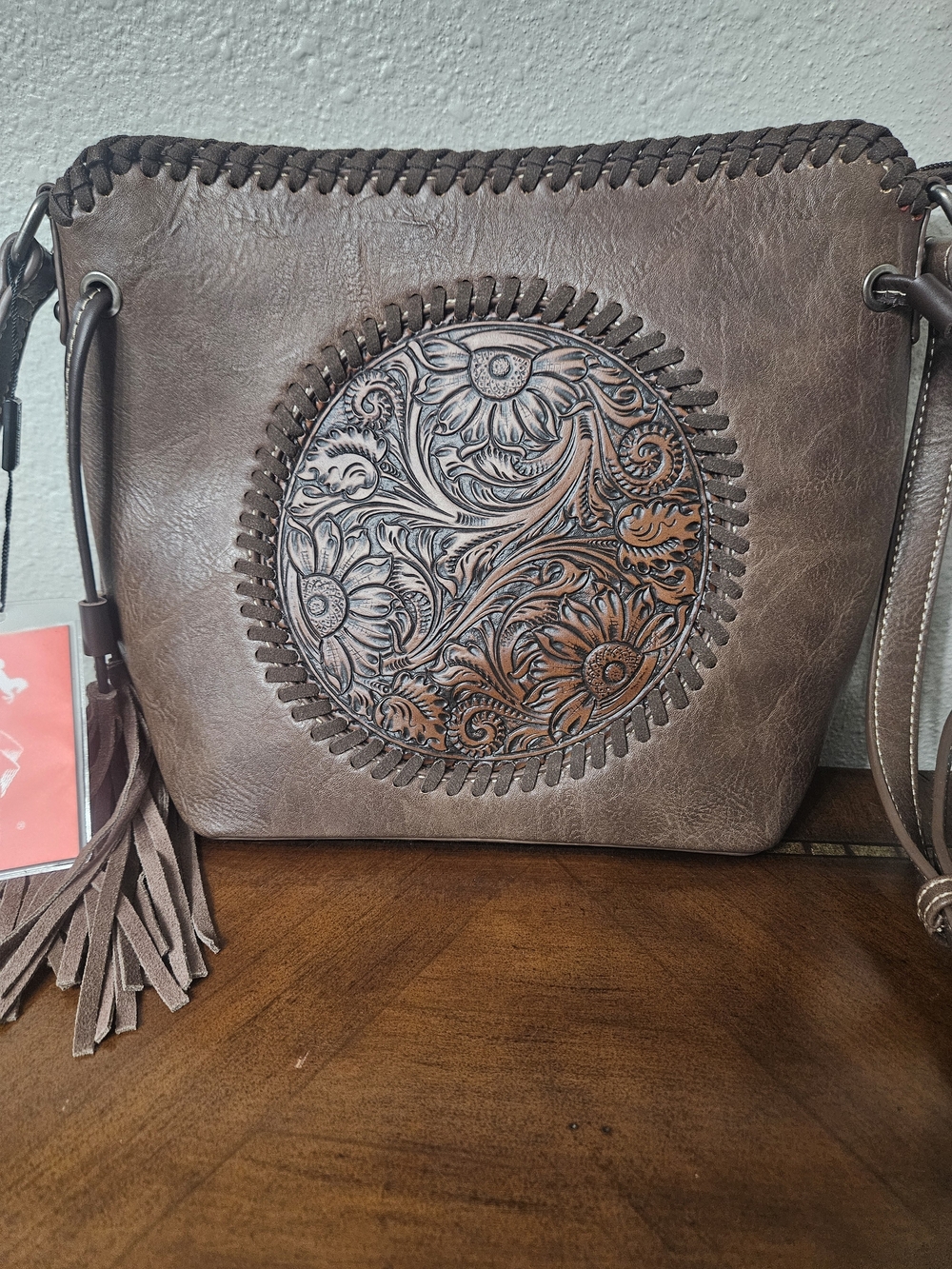 Montana West Brown Tooled Floral Round Crossbody with Tassels photo 2