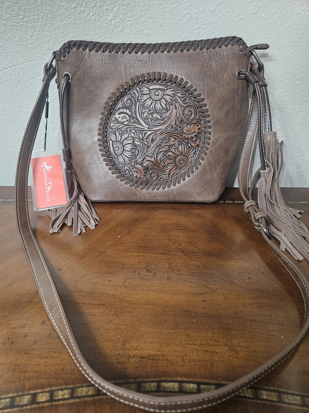 Montana West Brown Tooled Floral Round Crossbody with Tassels