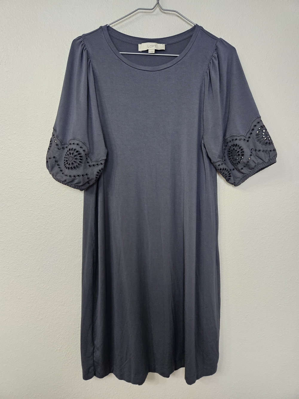LOFT Slate Blue Eyelet Puff Sleeve Midi Dress