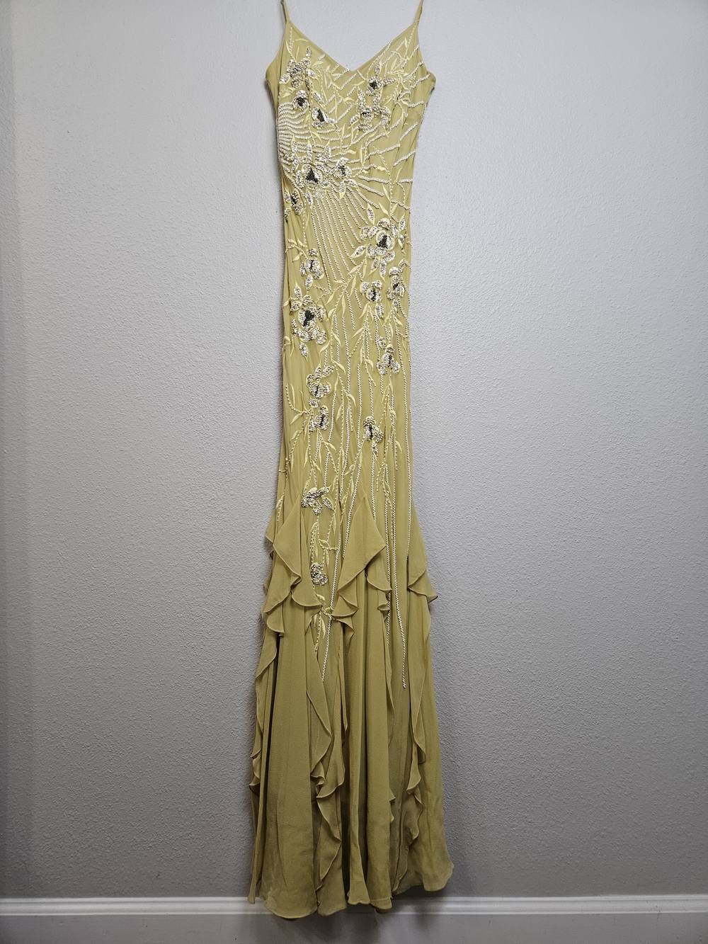 Y2K 2000s Sue Wong Nocturne Yellow Beaded Floral Fairycore Whimsical Dress