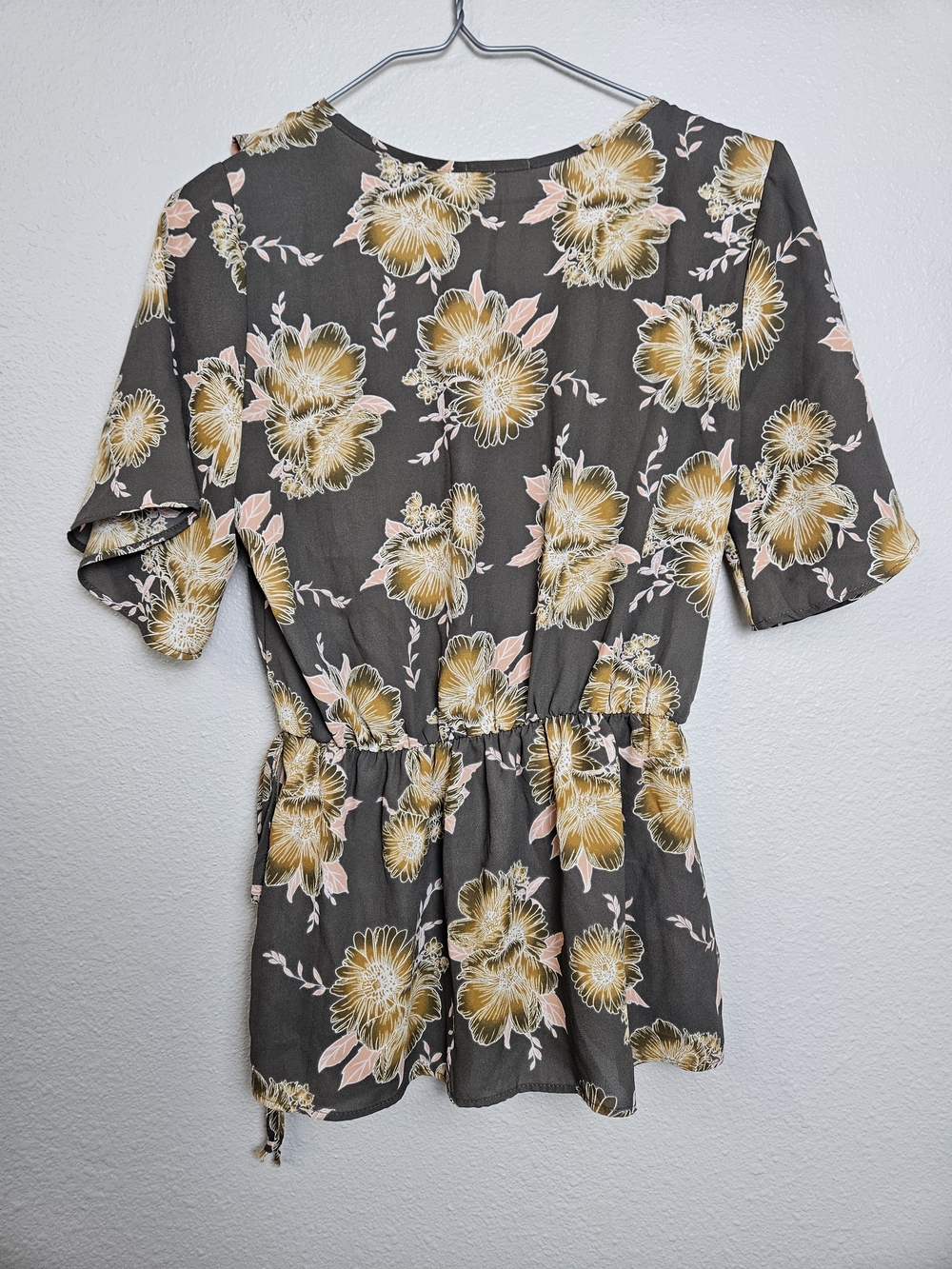 Sienna Sky Gray Floral Wrap Blouse with Mustard & Blush Blooms photo 5