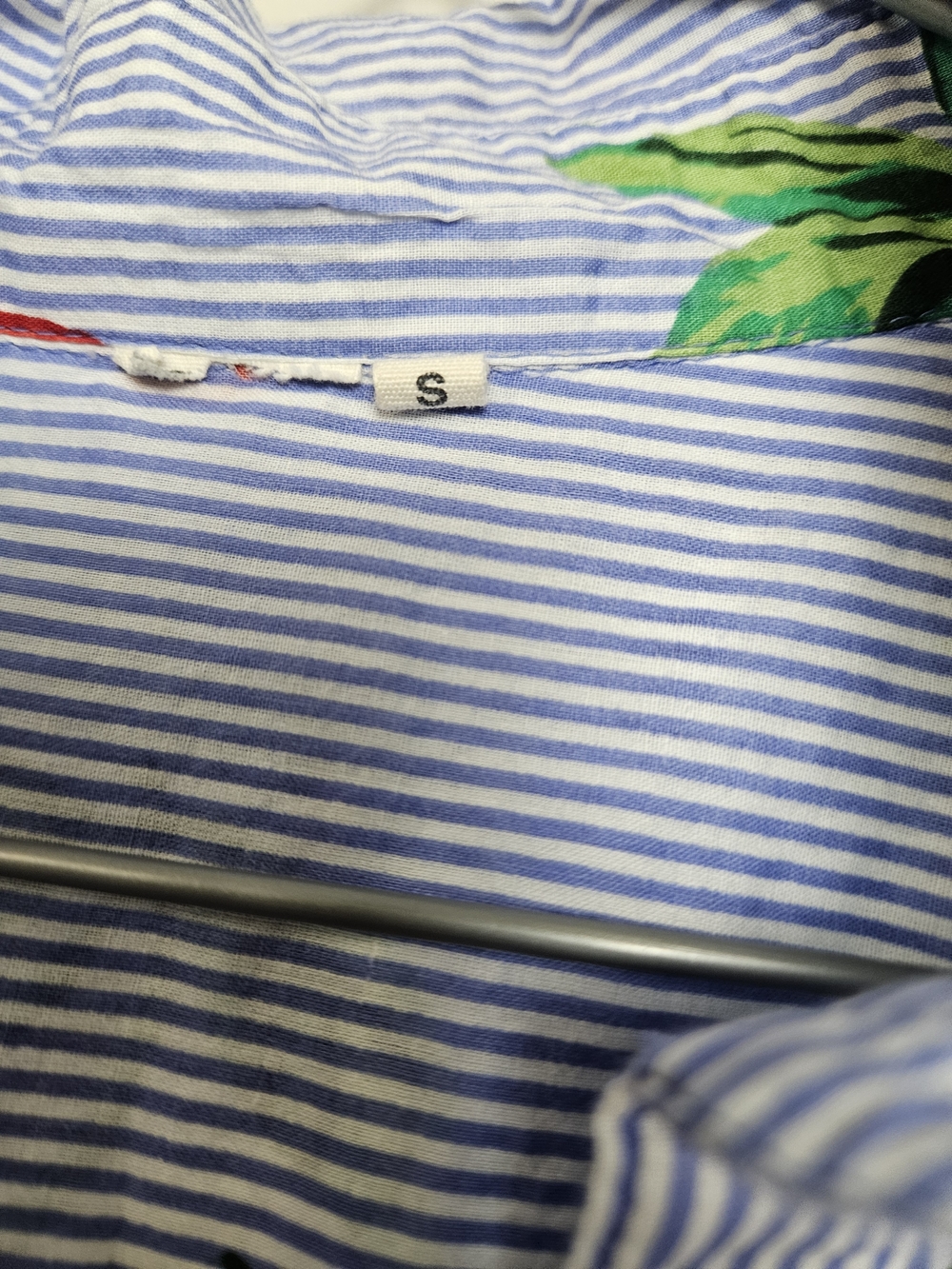 Cherry Print Button-Front Tunic Shirt - Red & Green on Blue Stripe Size Small photo 2