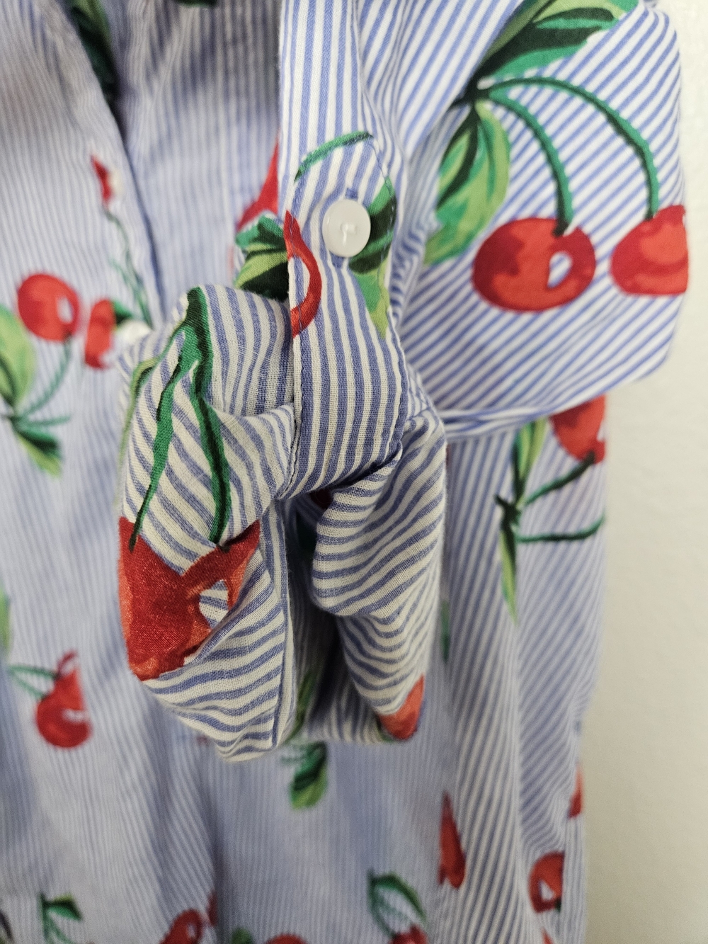 Cherry Print Button-Front Tunic Shirt - Red & Green on Blue Stripe Size Small photo 4
