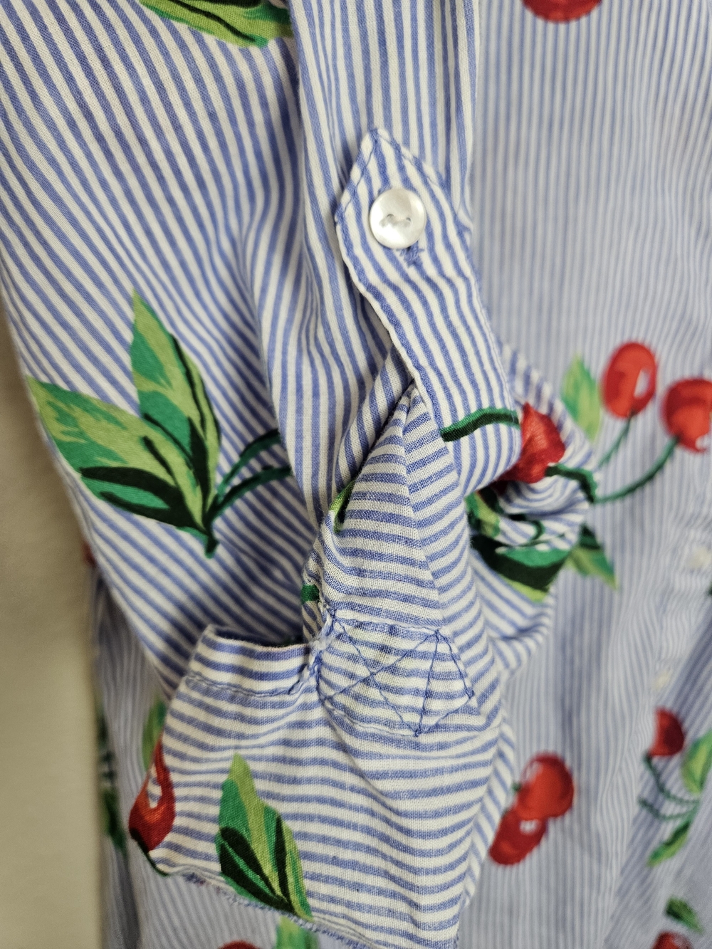 Cherry Print Button-Front Tunic Shirt - Red & Green on Blue Stripe Size Small photo 5