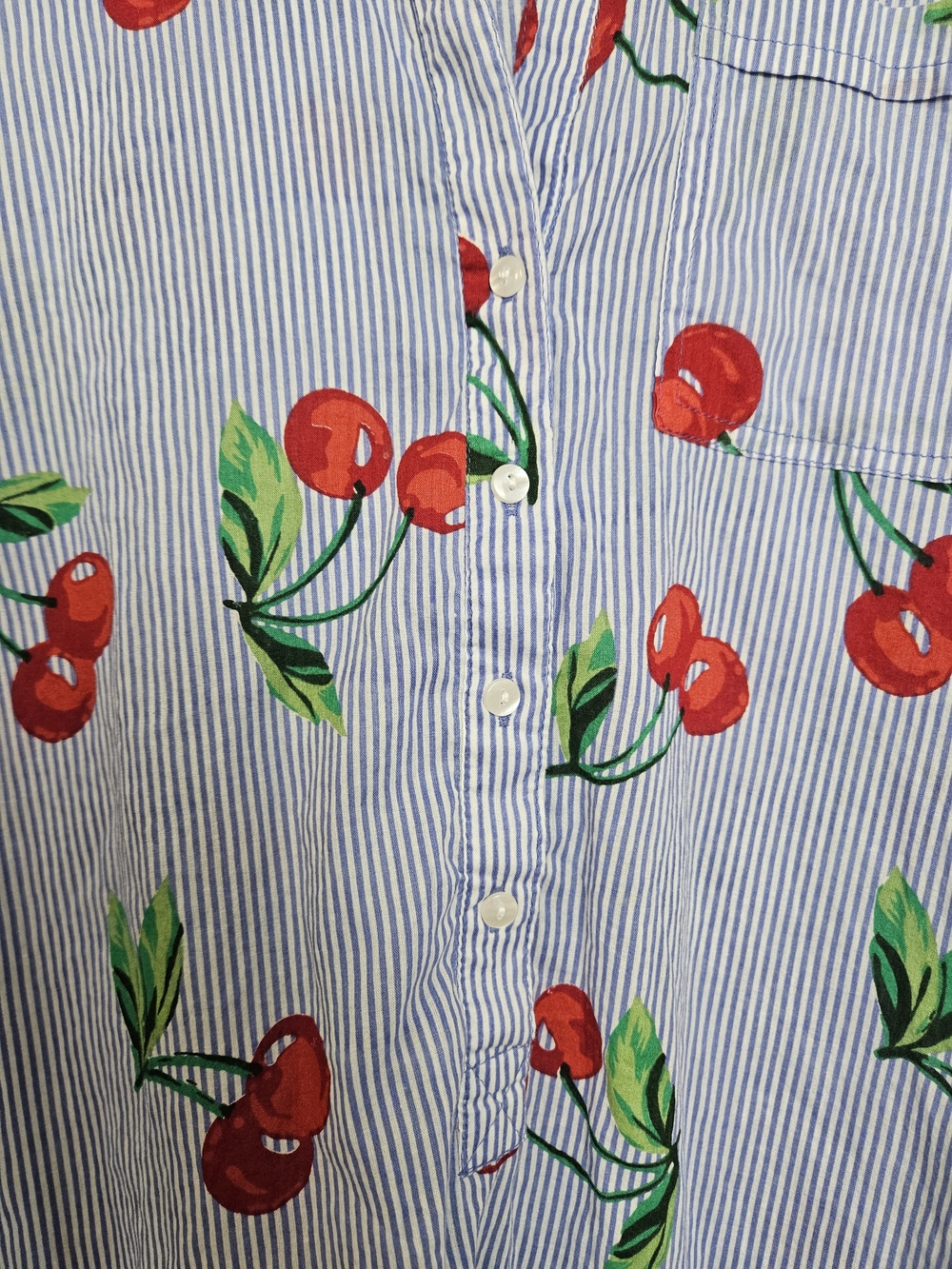 Cherry Print Button-Front Tunic Shirt - Red & Green on Blue Stripe Size Small photo 6