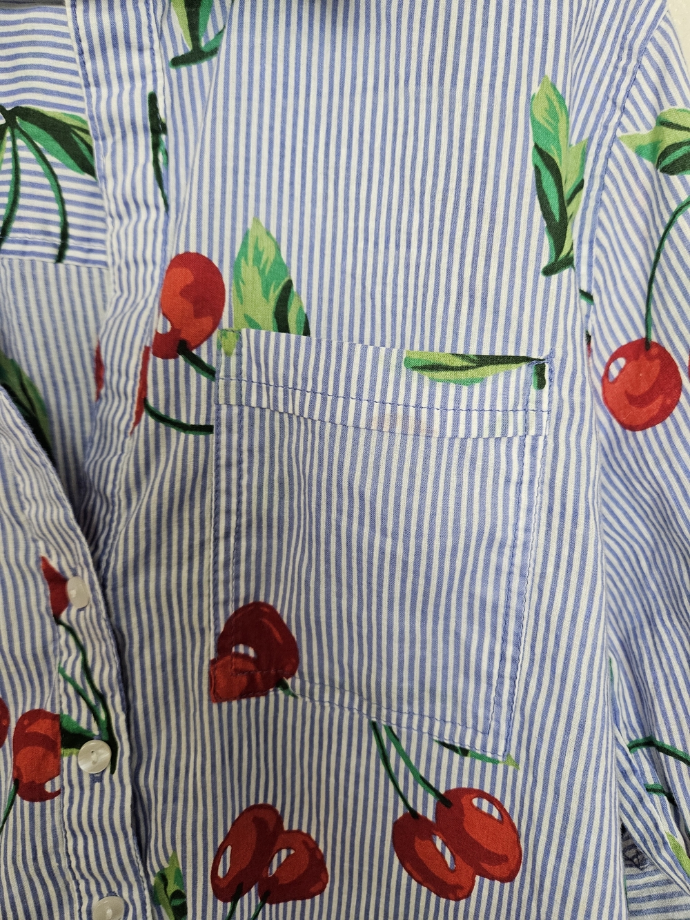 Cherry Print Button-Front Tunic Shirt - Red & Green on Blue Stripe Size Small photo 7