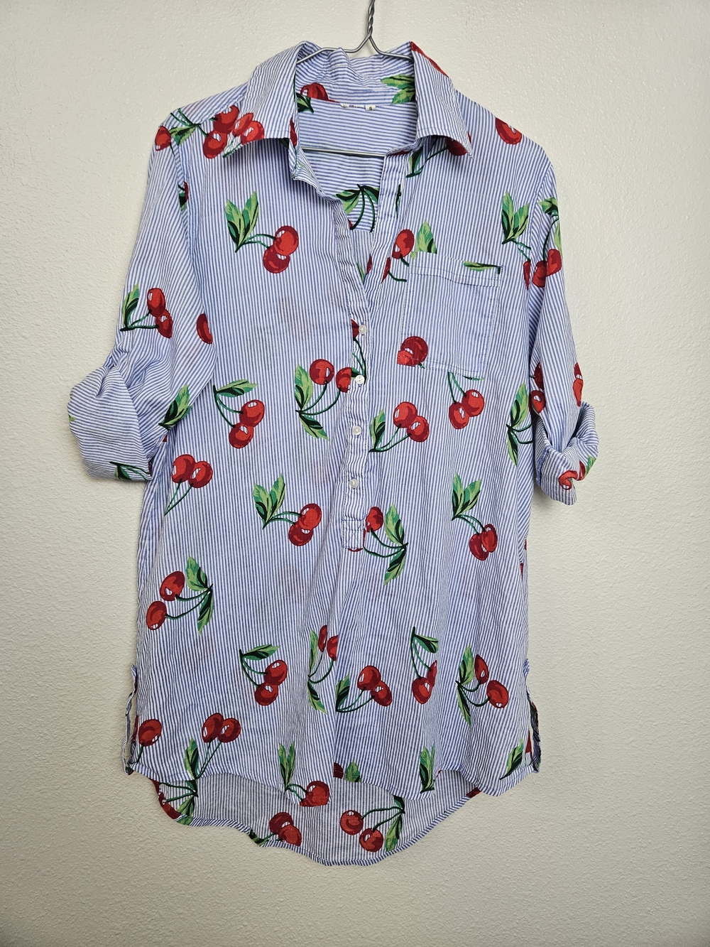 Cherry Print Button-Front Tunic Shirt - Red & Green on Blue Stripe Size Small