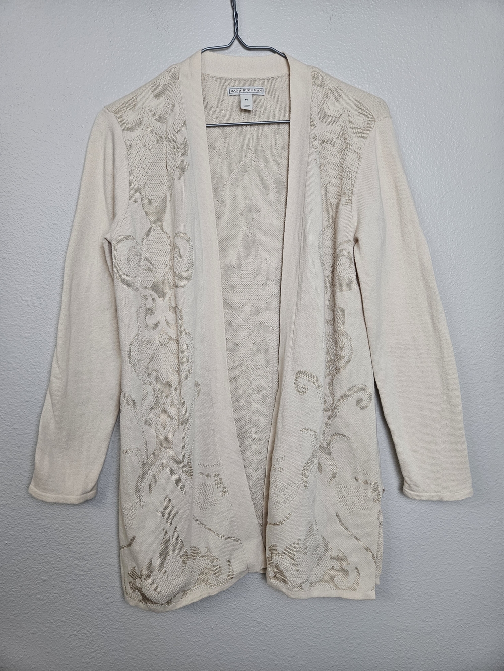 Dana Buchman Open-Front Cream Patterned Cardigan Sweater Size Medium