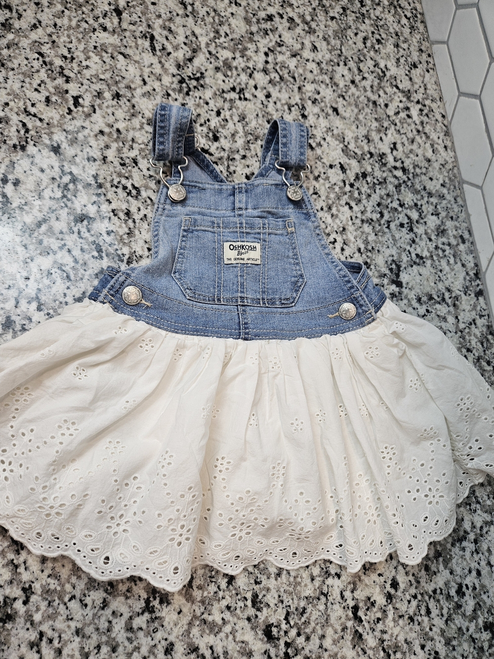 OshKosh B'gosh Blue Denim Overall Top with Cream Eyelet Skirt Dress 2T