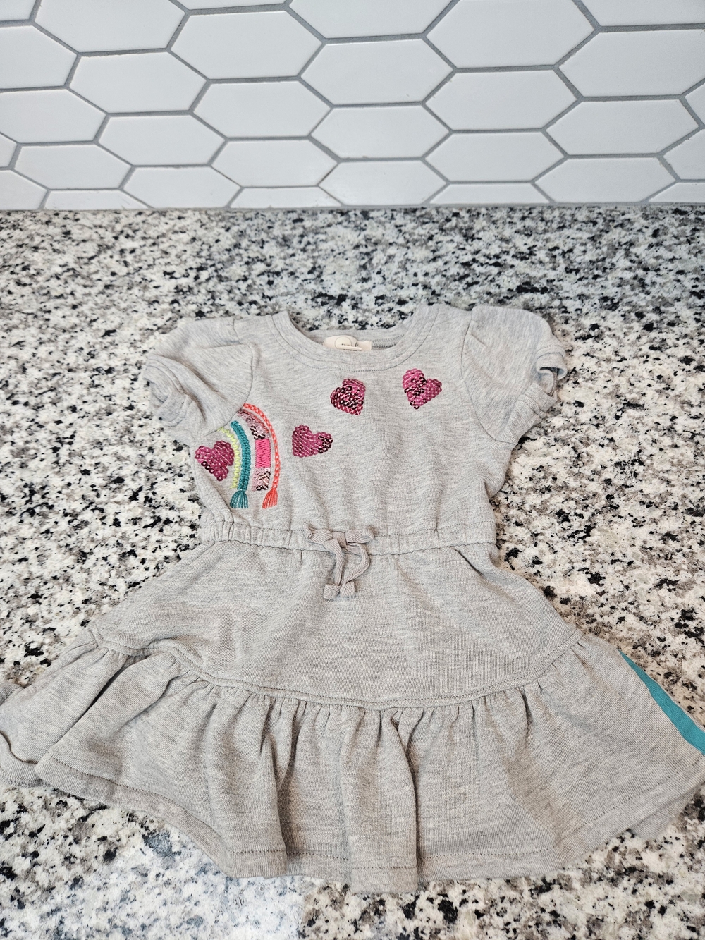 Peek Grey Knit Dress with Pink Sequin Hearts & Rainbow Detail Size 2T