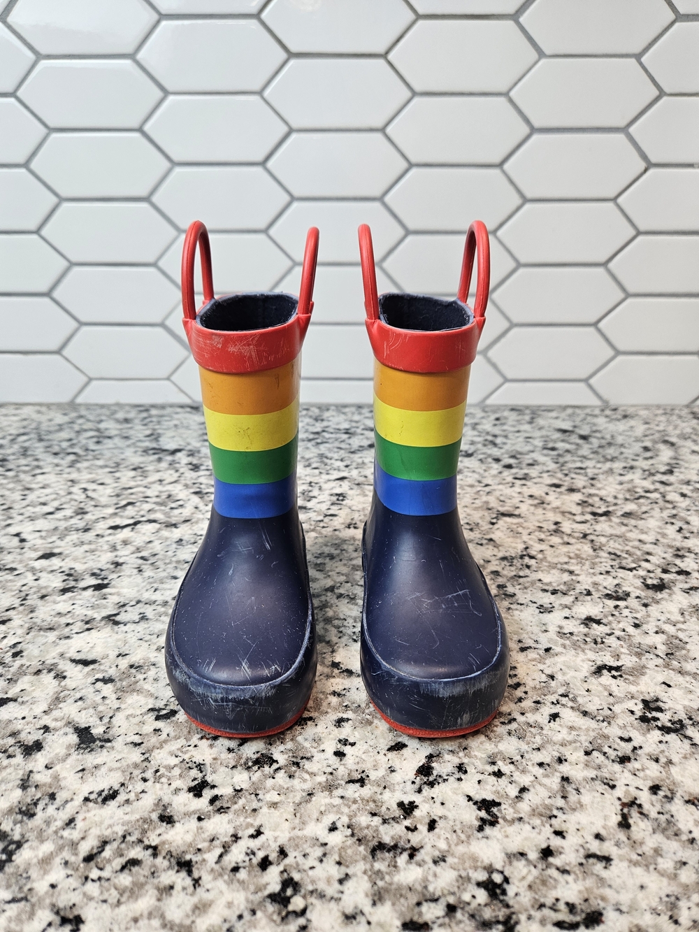 Kids Rainbow Stripe Rain & Snow Boots - Navy with Multicolor Stripes