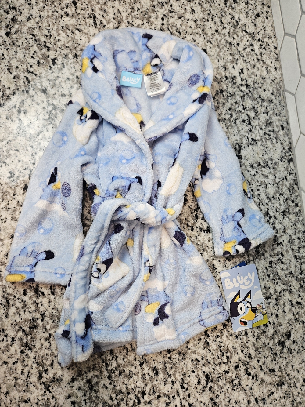 Bluey Light Blue Plush Kids' Hooded Robe with Tie Belt 3T