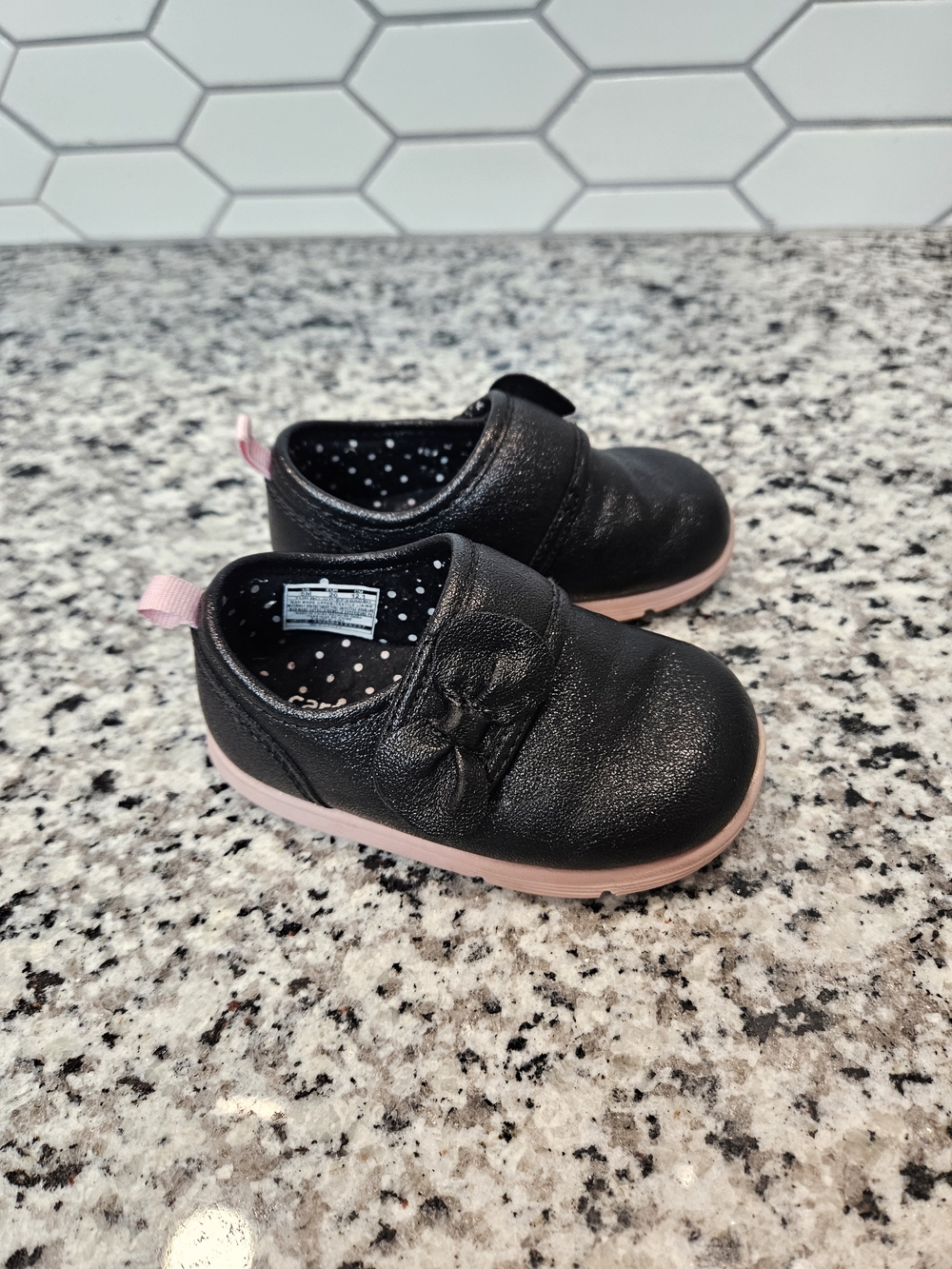 Carter's Black Baby Shoes with Pink Sole and Bow Size 5 photo 3