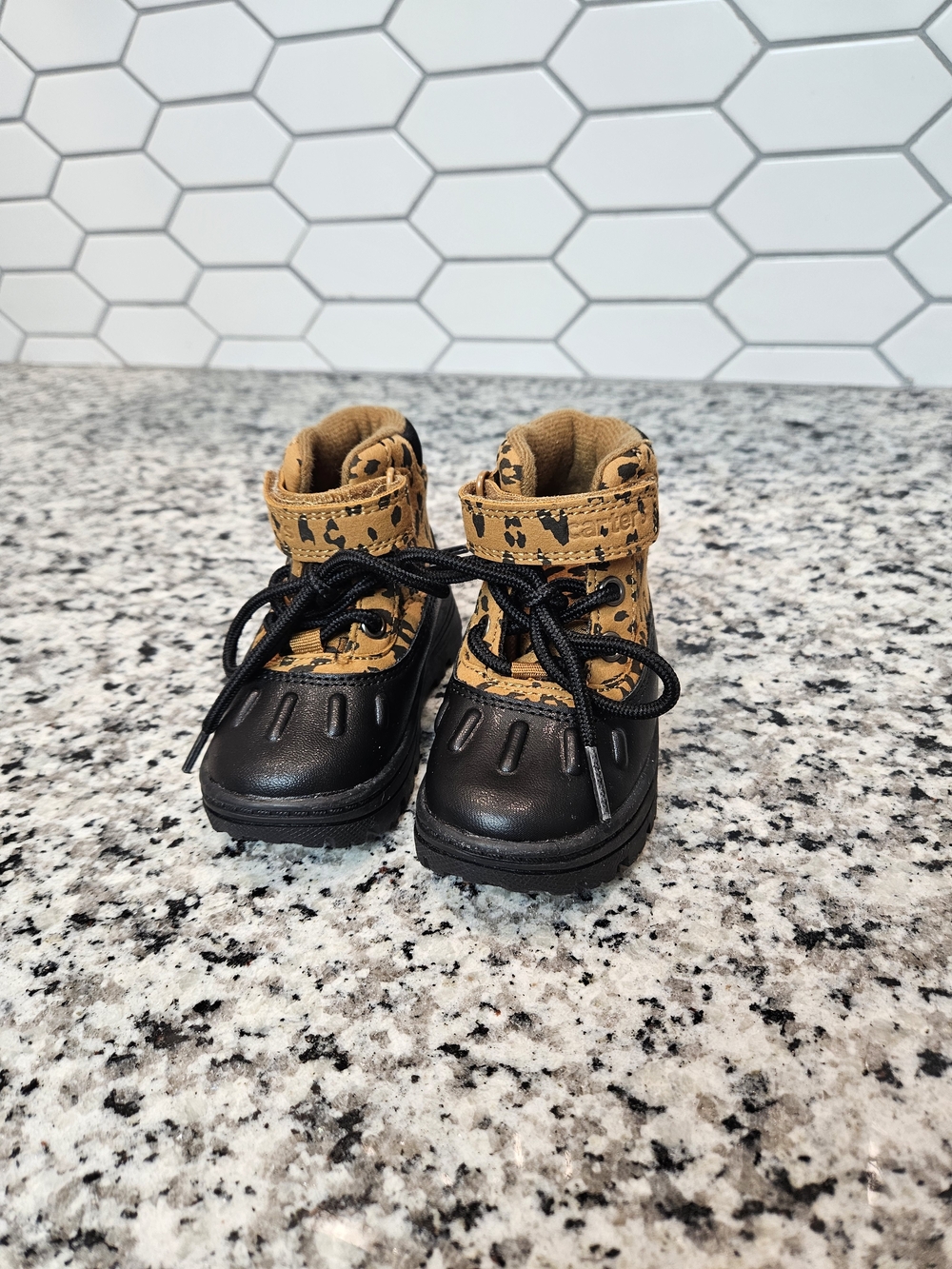 Carter's Leopard Print Tan and Black Lace-Up Baby Boots photo 2