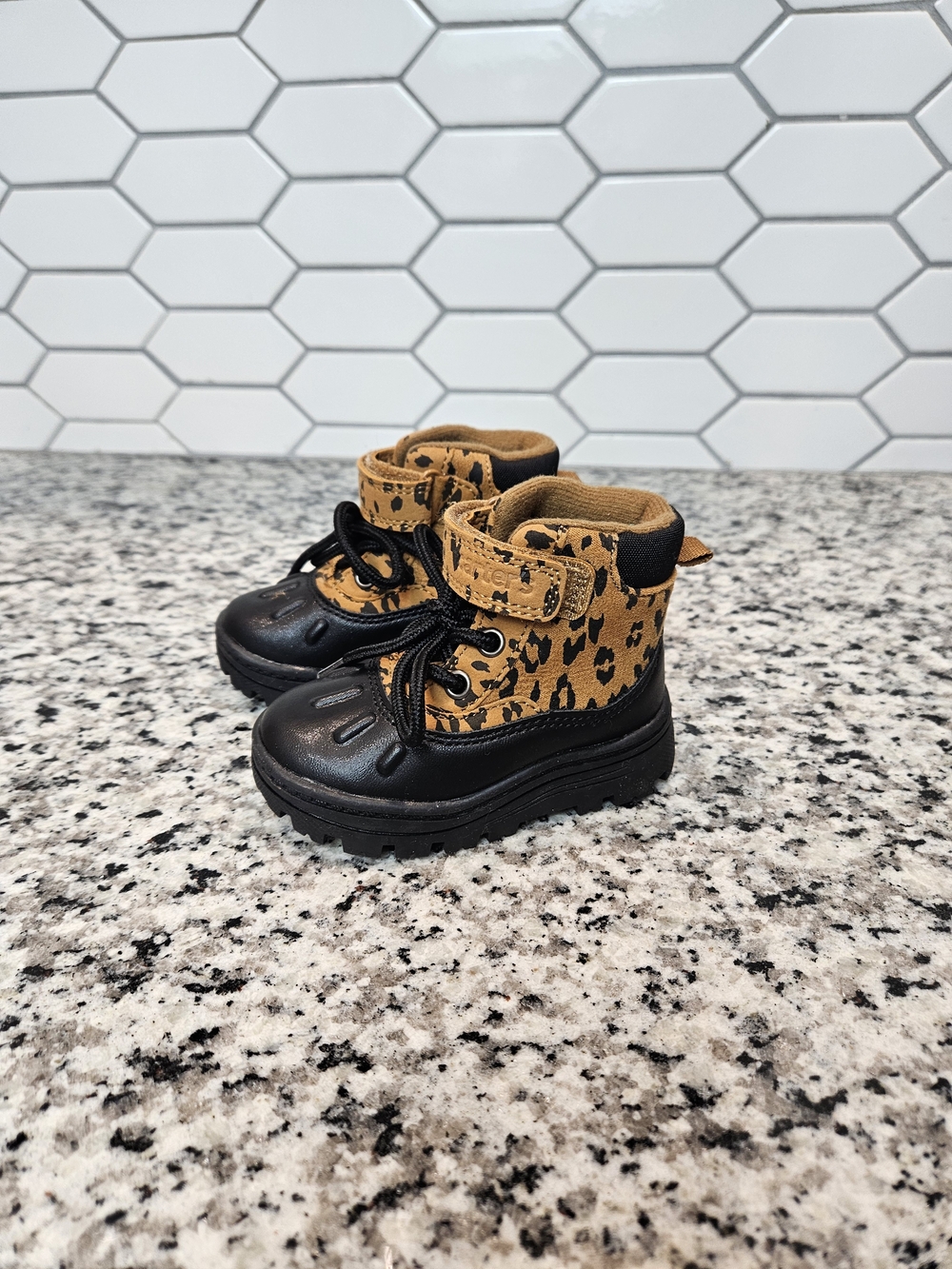Carter's Leopard Print Tan and Black Lace-Up Baby Boots photo 3