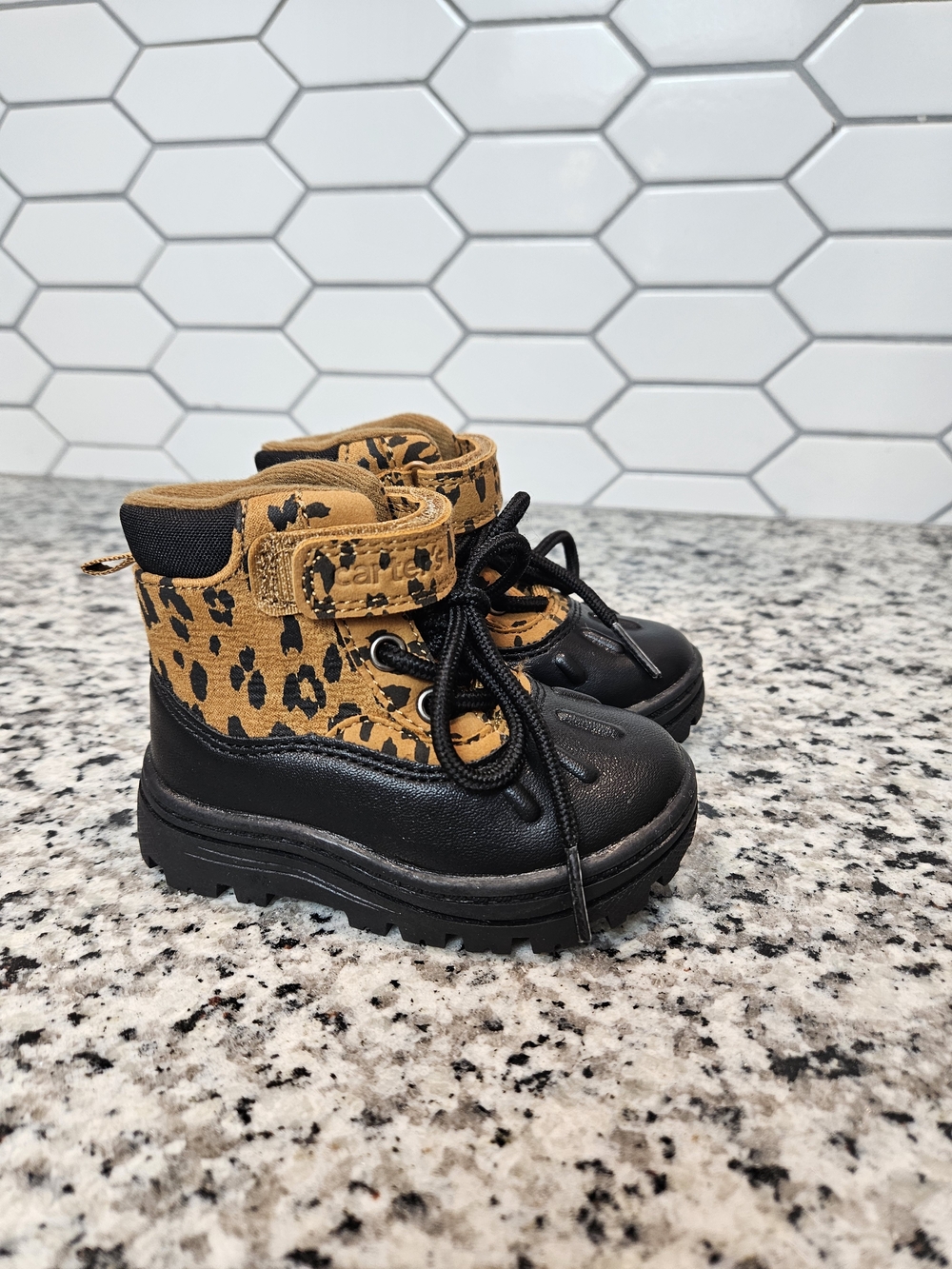 Carter's Leopard Print Tan and Black Lace-Up Baby Boots
