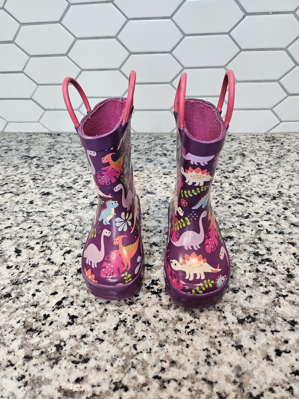 Kids Purple Dinosaur Rain Boots with Pink Handles photo 2