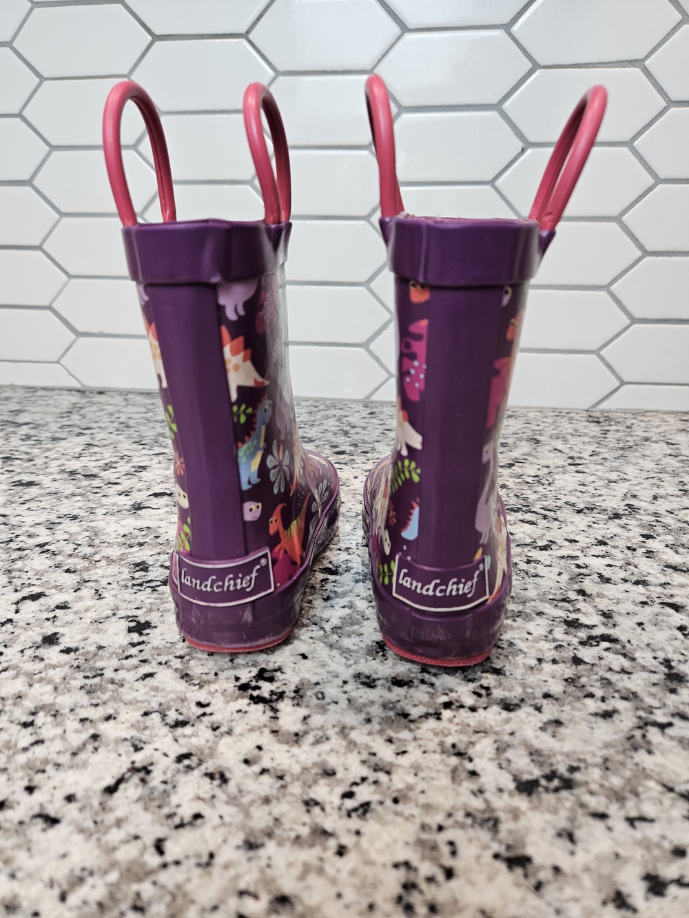 Kids Purple Dinosaur Rain Boots with Pink Handles photo 3