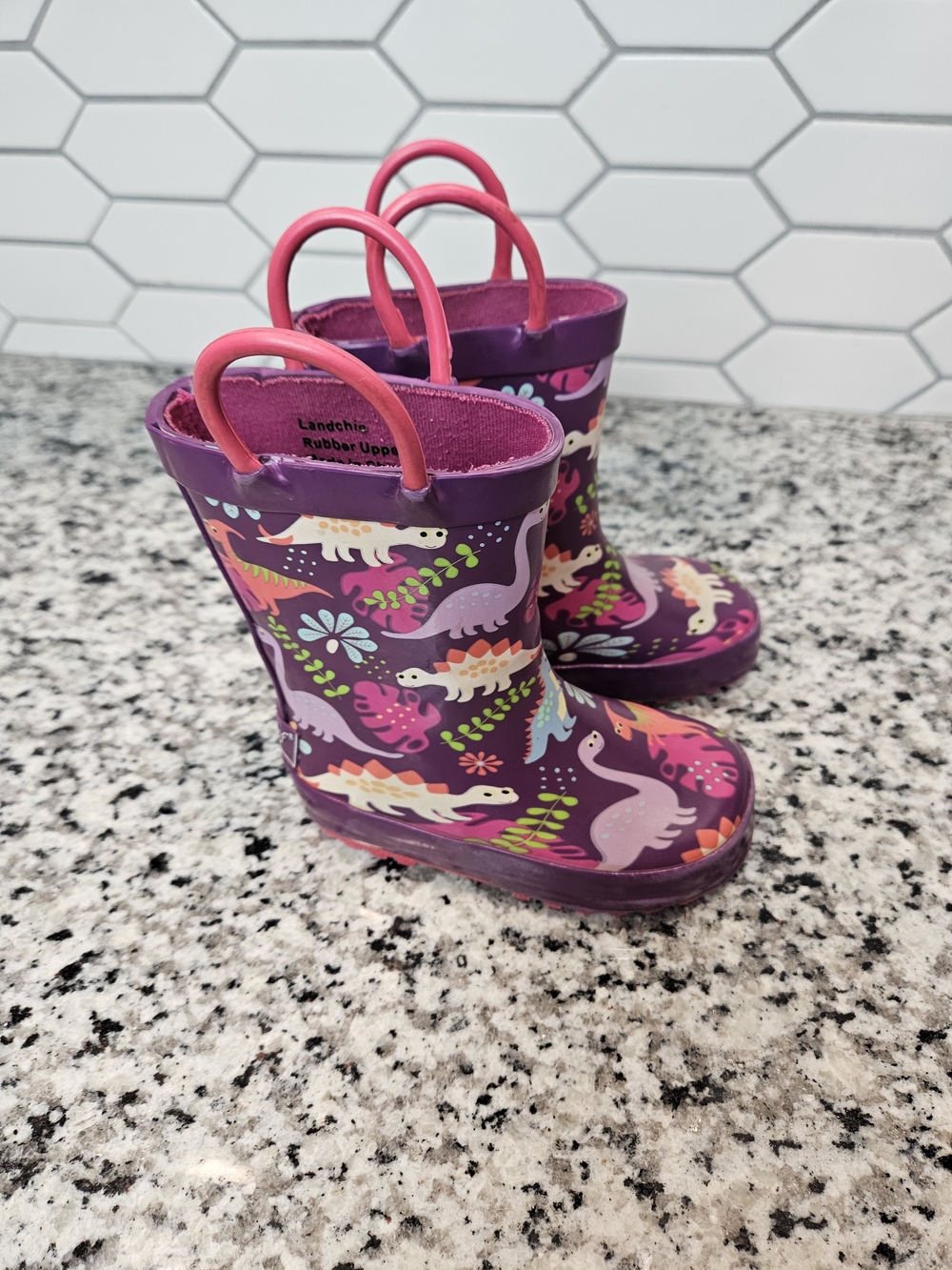 Kids Purple Dinosaur Rain Boots with Pink Handles photo 4